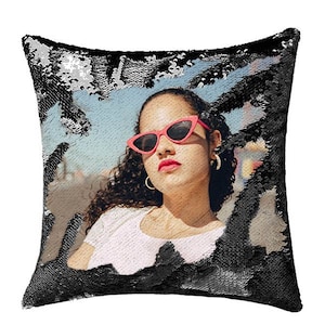 Custom Sequin Throw Pillow with Photo-Comfy Satin Cushion Covers,Decorative Pillowcases for Party/Christmas/Thanksgiving/New Year/gift ideas Black