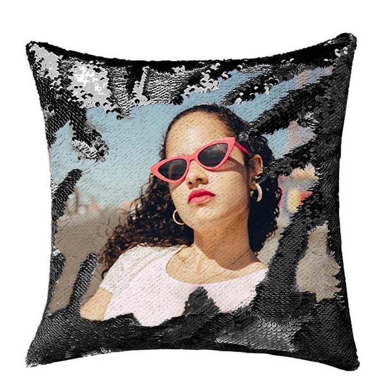 Custom Sequin Throw Pillow with Photo-Comfy Satin Cushion Covers,Decorative Pillowcases for Party/Christmas/Thanksgiving/New Year/gift ideas Black