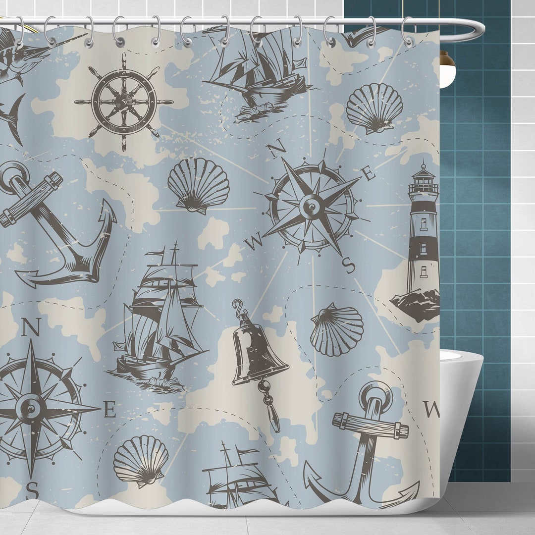 Nautical Shower Curtain,sailing Ship Compass Anchor Sketch Shower