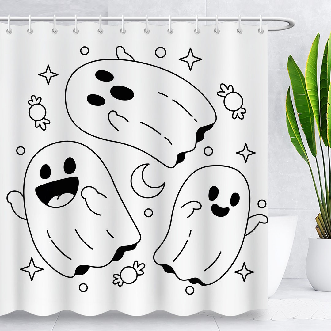 Cute Ghosts Shower Curtain,halloween Funny Sketch Shower Curtain,line