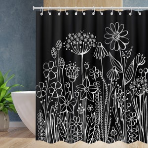 Wild Floral Wildflower Botanical Herbs Black Plant shower curtains Waterproof Modern Fabric Bathroom Basics Shower Curtain with 12 Hooks