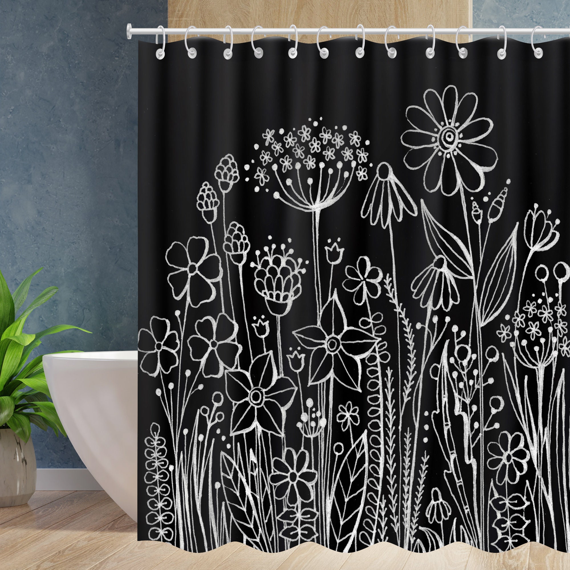Wild Floral Wildflower Botanical Herbs Black Plant Shower ...