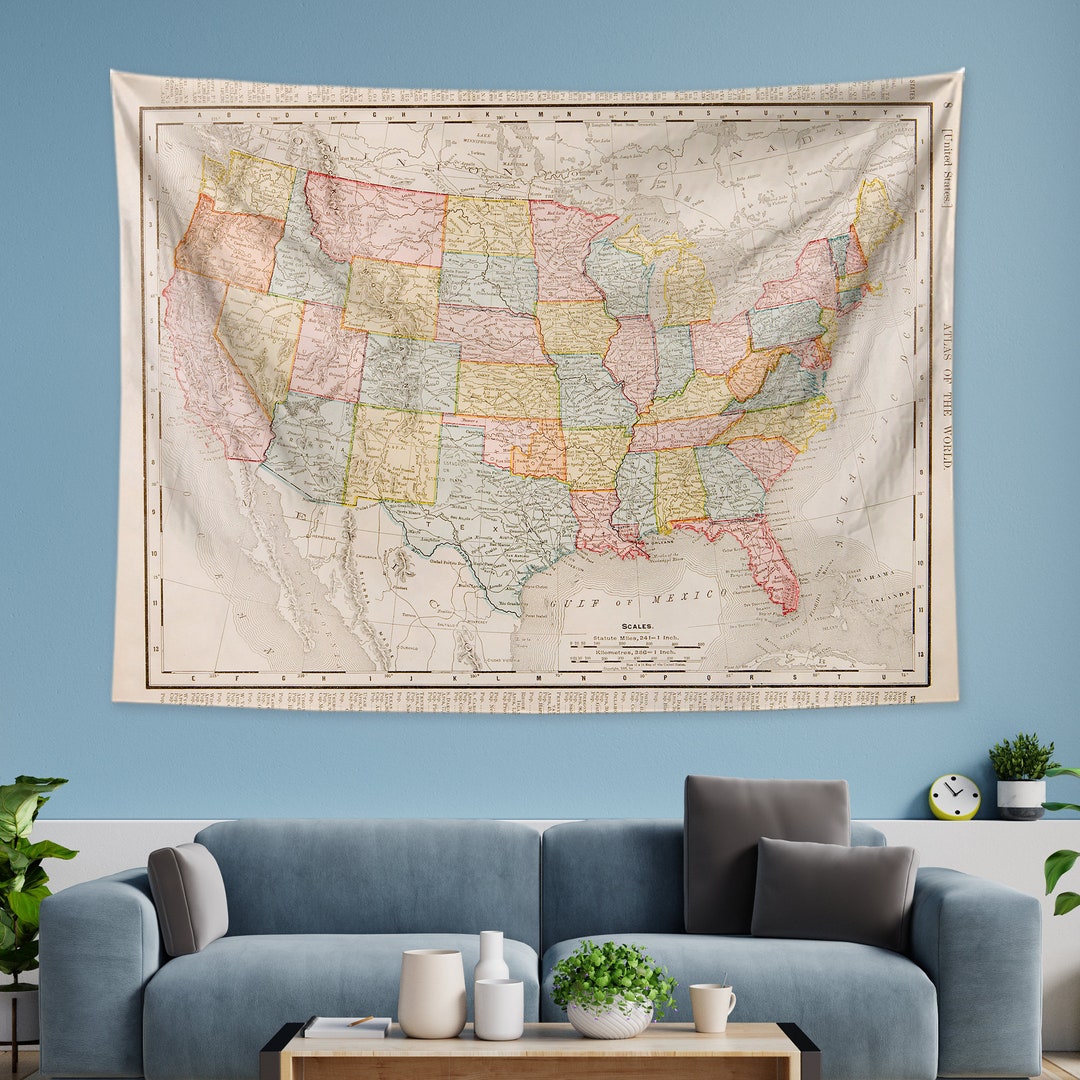 American Map Tapestry, United States Map Tapestries, Watercolor Colorful Wall Art Hanging for 
