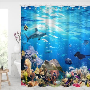 Blue Ocean for Sea Fish shower curtain Waterproof Modern Fabric Bathroom Shower Curtains Basics Shower Curtain with Hooks xmas presents
