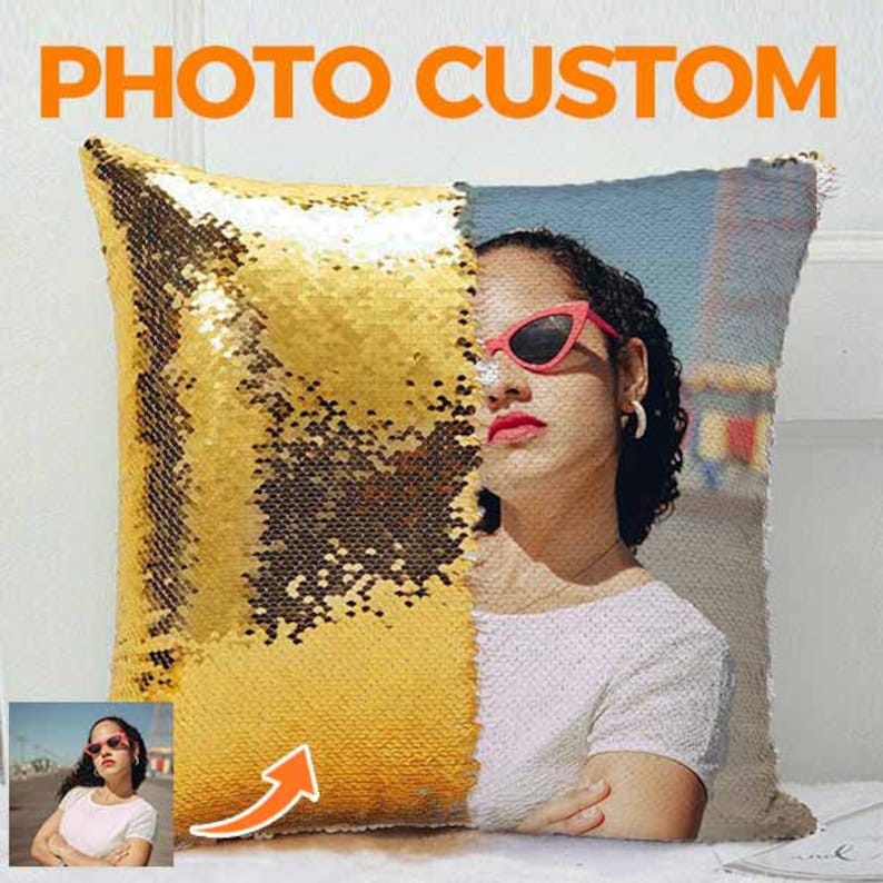 Custom Sequin Throw Pillow with Photo-Comfy Satin Cushion Covers,Decorative Pillowcases for Party/Christmas/Thanksgiving/New Year/gift ideas Gold