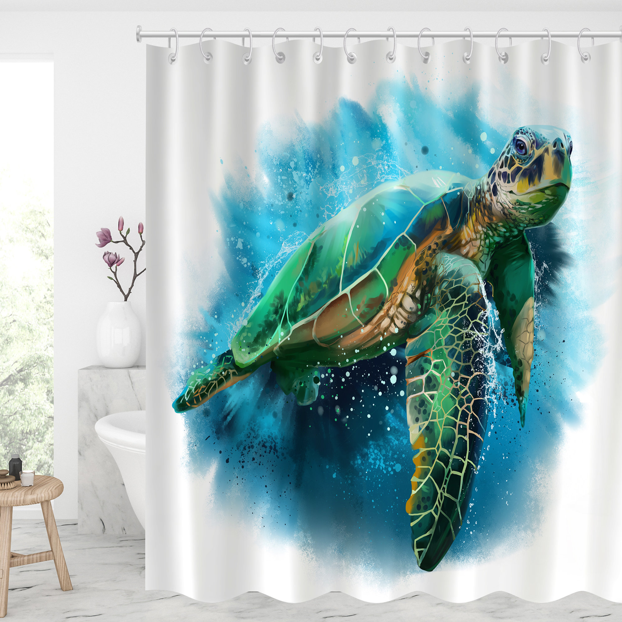 Sea Turtle Nautical Shells Design Fabric SHOWER CURTAIN 70x70 w/Hooks 