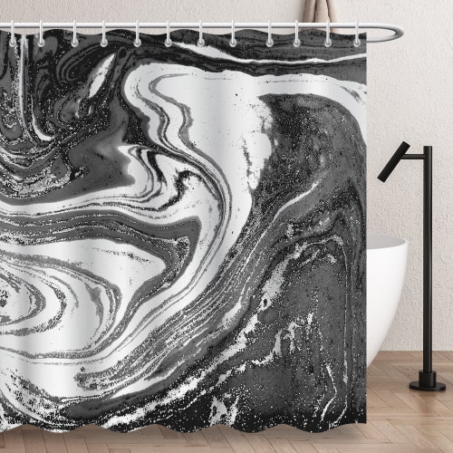 Grey Black White Marble Shower Curtain Abstract Fabric Shower Etsy