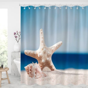 Beach starfish conch marine life shower curtain Waterproof Modern Fabric Bathroom Shower Curtains Basics Shower Curtain with 12 Hooks