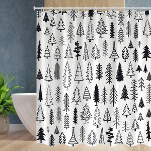 Black and White Christmas Tree shower curtains Waterproof Modern Fabric Bathroom Basics Shower Curtain with 12 Hooks xmas presents