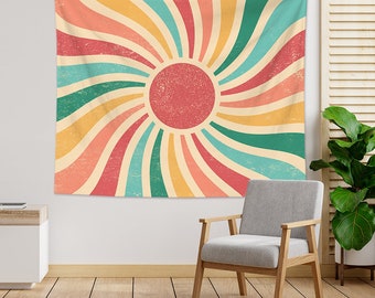 Vintage Sun Tapestry Retro 70s Rainbow Sunrise Sunset Minimal Geometric Grunge Abstract Art Print Hippie Bohemian Tapestry wall Art