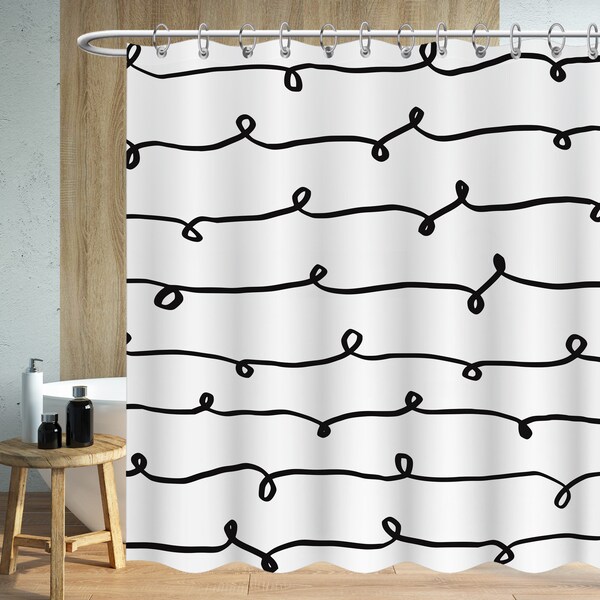 ligne noire Rideau de douche Rideaux de douche blancs Imperméable à l’eau Tissu moderne Base de la salle de bain Rideau de douche avec 12 crochets