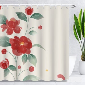 Red Floral Shower Curtain,Elegant Flowers Art Print Bathroom Curtain,Modern Shower Room Accessories,Waterproof Fabric Shower Curtains Decor