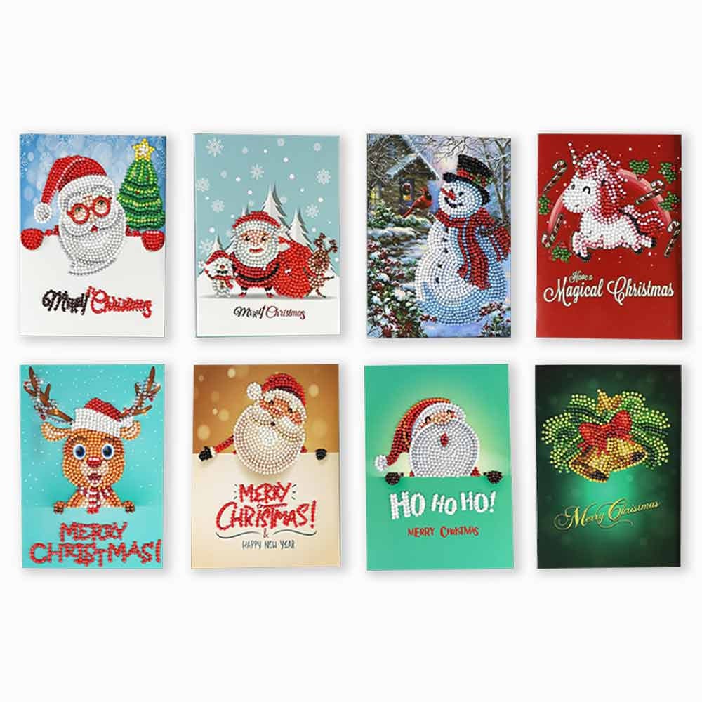Qianren Christmas Greeting Cards with Envelope 8Pcs Kit 5D DIY Diamond Painting Paint by Numbers Handmade Card Postcards Craft Gifts 