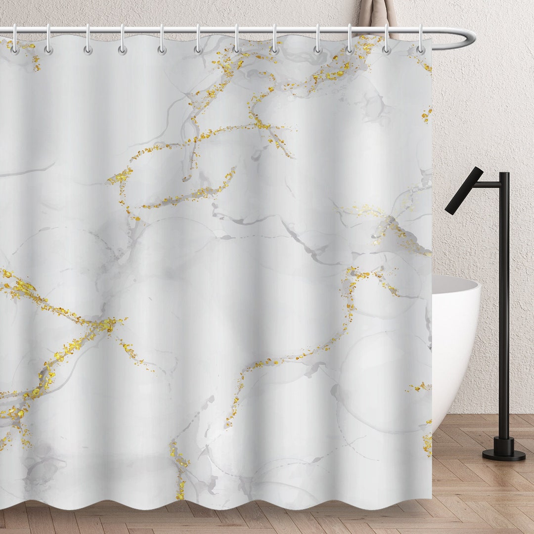 Grey Gold Marble Shower Curtain, Abstract Fabric Shower Curtains With