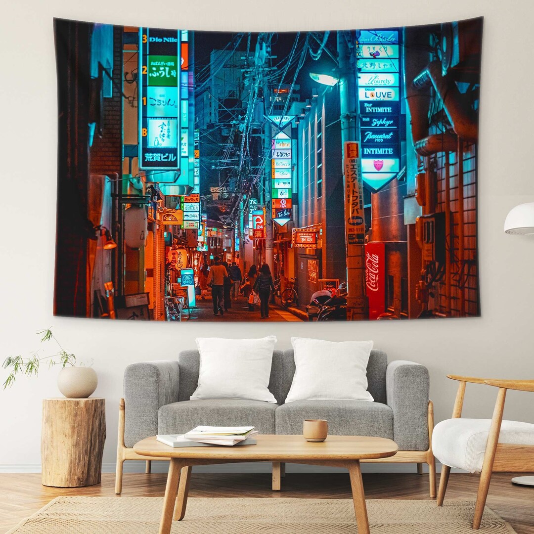Japanese Street Cityscape Tapestry,japan Tokyo Night Light Wall Hanging City View Tapestries