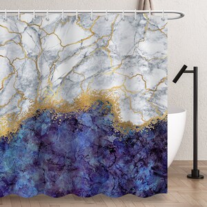 Navy Blue Luxury Marble Shower Curtain, Abstract Fabric Shower Curtains with 12 Hooks Watercolor Modern Bathtub Cloth RV Bathroom Decoration