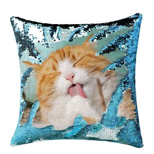 Custom Sequin Throw Pillow with Photo-Comfy Satin Cushion Covers,Decorative Pillowcases for Party/Christmas/Thanksgiving/New Year/gift ideas Light Blue