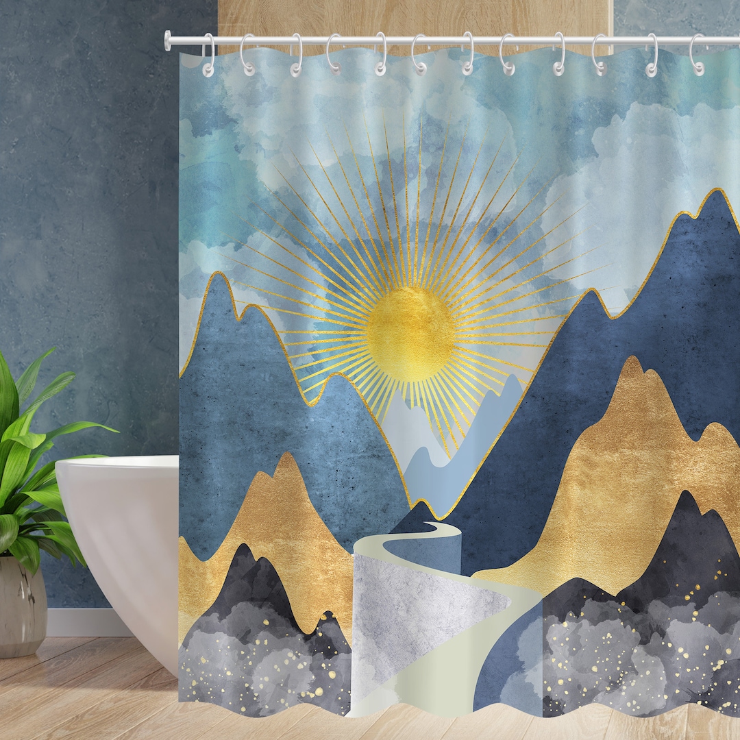 Mountain Forest Shower Curtain Watercolor Sunset Nature Landscape Bath