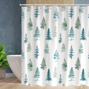 Cartoon Christmas Tree Blue and Green Nature shower curtains Waterproof Modern Fabric Bathroom Basics Shower Curtain with 12 Hooks