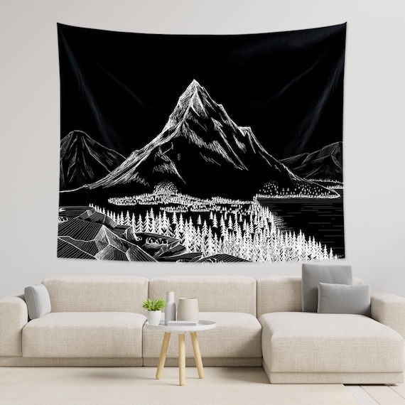 Mountain Peak Black and White Tapestry Wall Tapestry Wall Handing