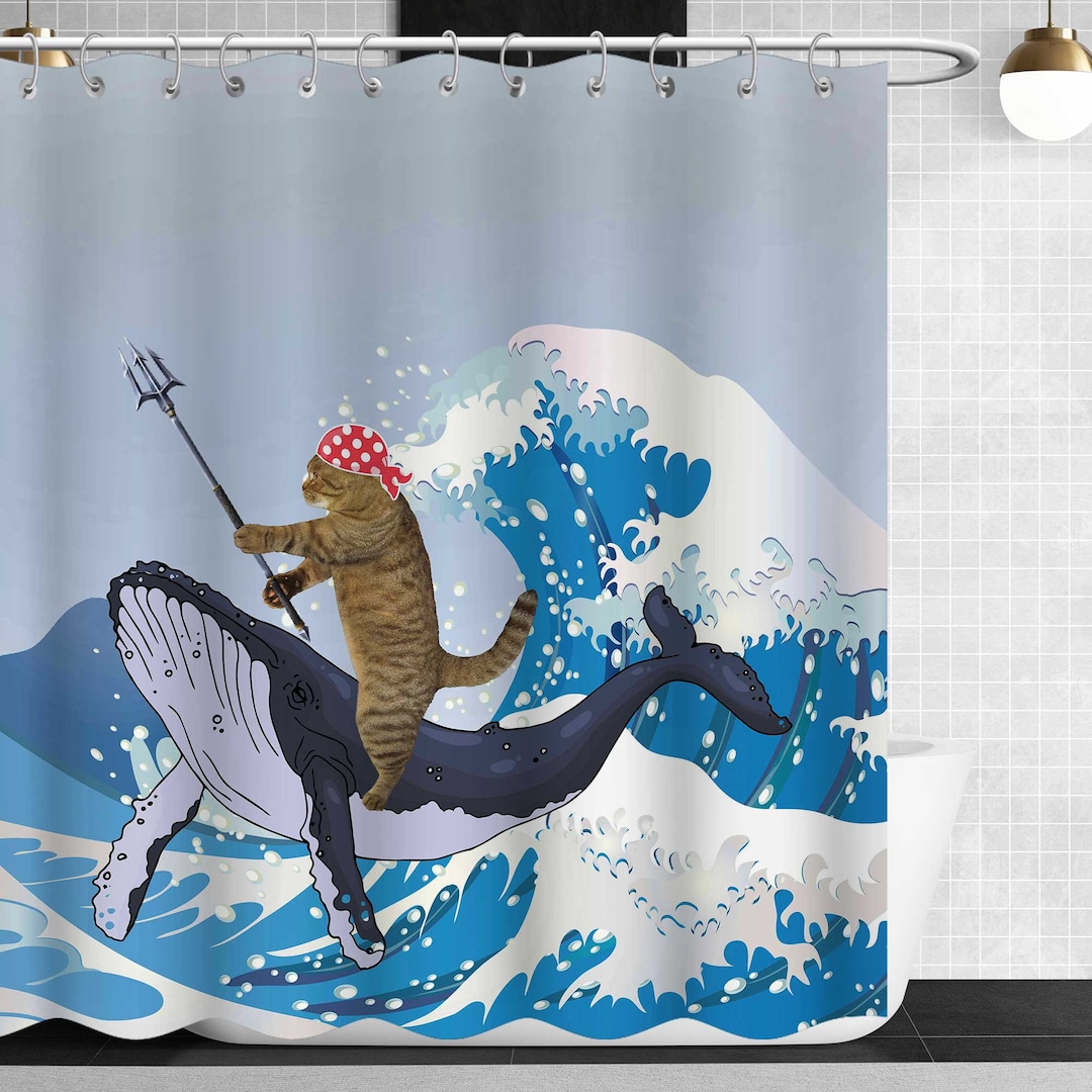 Cat Funny Shower Curtain,cat Riding A Whale Creative Shower Curtains