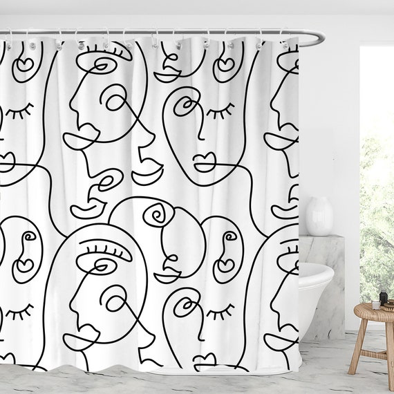 Abstract Lines Face Shower Curtain/ Women Face Polyester Fabric Waterproof  Shower Curtains / Bathroom Shower Curtain With Hooks /art Decor 