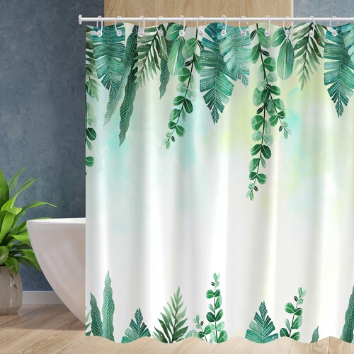 Green and White Shower Curtain Plant Leaves Shower Curtain Etsy