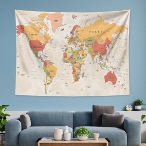 World Map Tapestry,map Tapestries, Watercolor retro Wall Art Hanging for Bedroom Living Room Dorm School Classroom Home Office