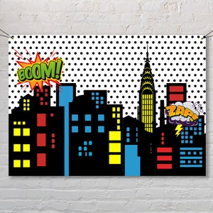 Superhero Photo Backdrop Superhero Birthday Superhero Party City Skyline Buildings Child Birthday Party Backdrop  Birthday Party Sign