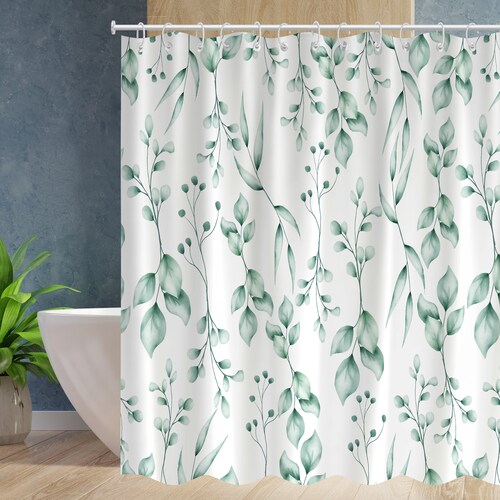Green Leaf Shower Curtain Watercolor Olive Branch Etsy