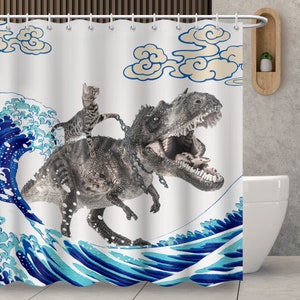 Funny Shower Curtain,Cat Riding A Dinosaur Bathroom Decor Curtain, Ocean Waves Curtain for Shower Room,Art Decor Curtain, Gift for Her Him