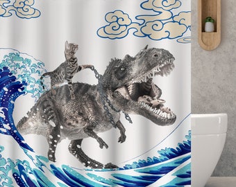 Rideau de douche drôle, chat chevauchant un dinosaure, rideau de décoration de salle de bain, rideau de vagues de l'océan pour salle de douche, rideau art déco, cadeau pour elle et lui