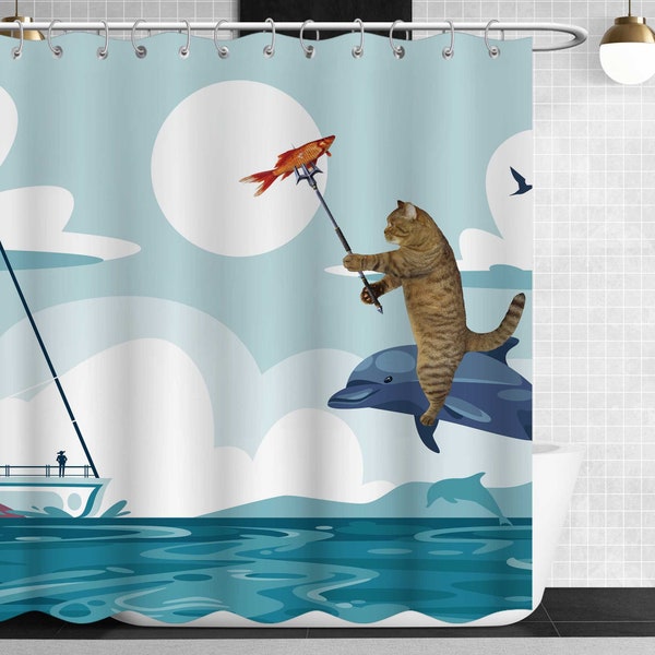 Funny Shower Curtain,Cat Riding A Dolphin Spearfishing Shower Curtains,Creative Cartoon Bathroom Curtain,Shower Room Art Decor With 12 Hooks