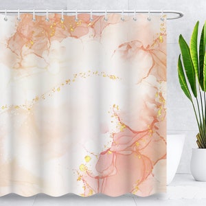 Marble Pattern Shower Curtain,Ombre Orange and Gold Shower Curtain,Waterproof Abstract Marbling Modern Fabric Bathroom Curtain With 12 Hooks