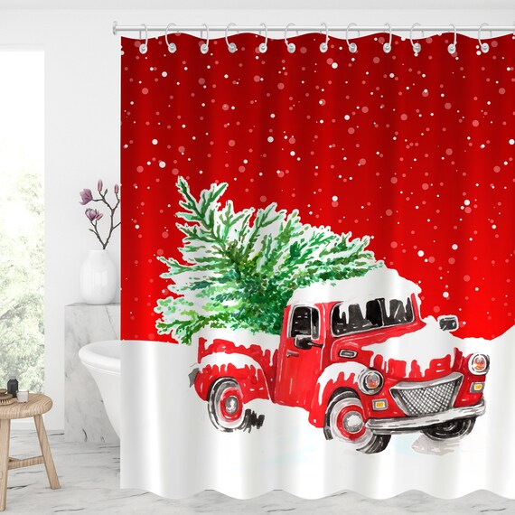 red christmas truck shower curtain