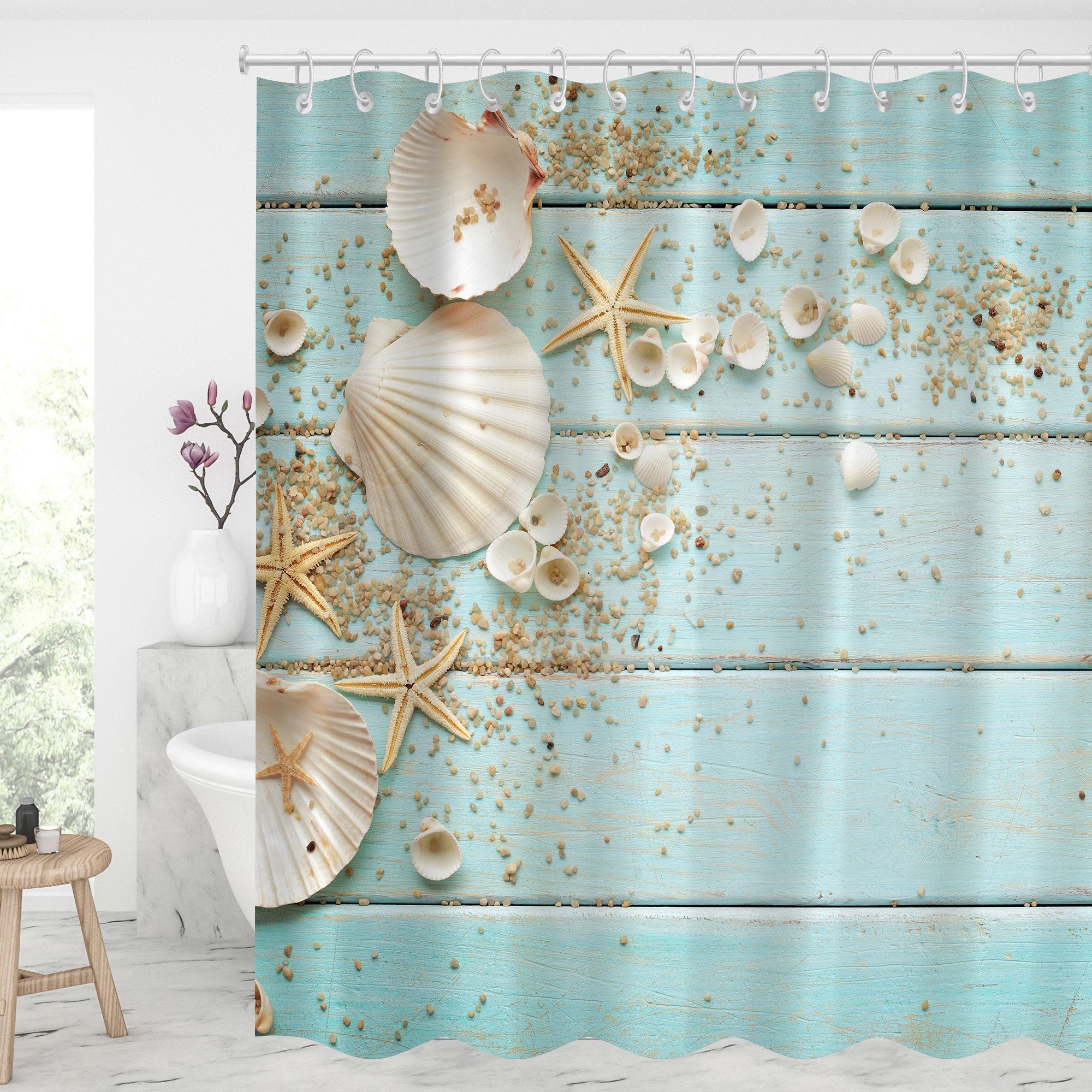 Ocean Starfish Beach Shower Curtain Set Shells Ocean Bathroom Set Waterproof  Shower Curtain with Hooks Toilet