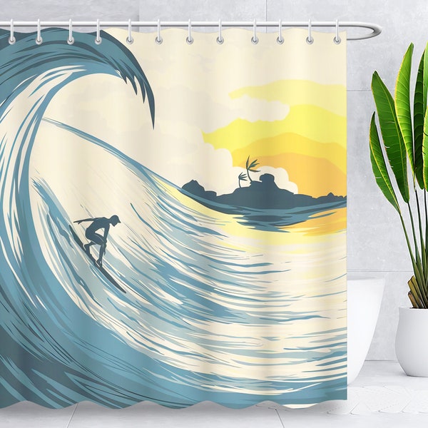 Surf Shower Curtain,Ocean Wave Shower Curtain,Surfing At Sunset Theme Shower Room Decor ,Retro Beach Bathroom Decoration,Surf Lovers Gifts