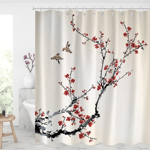 Japan Red Cherry Blossom White Crane Mountain Waterproof Bathroom Shower Curtain 