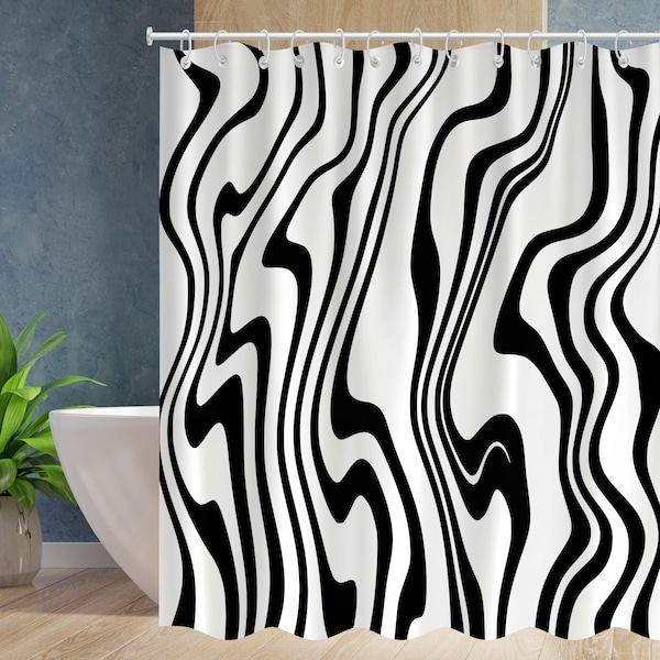 Black and White Shower Curtain, Modern Stripe Fabric Shower Curtains Restroom Art Decor Accessories Waterproof with Hooks