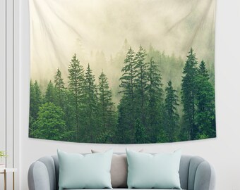 Misty Forest Tapestry Hand Drawn Landscape of Foggy Forest Wall Tapestry with Nature Home Decorations for Living Room Bedroom Dorm Decor