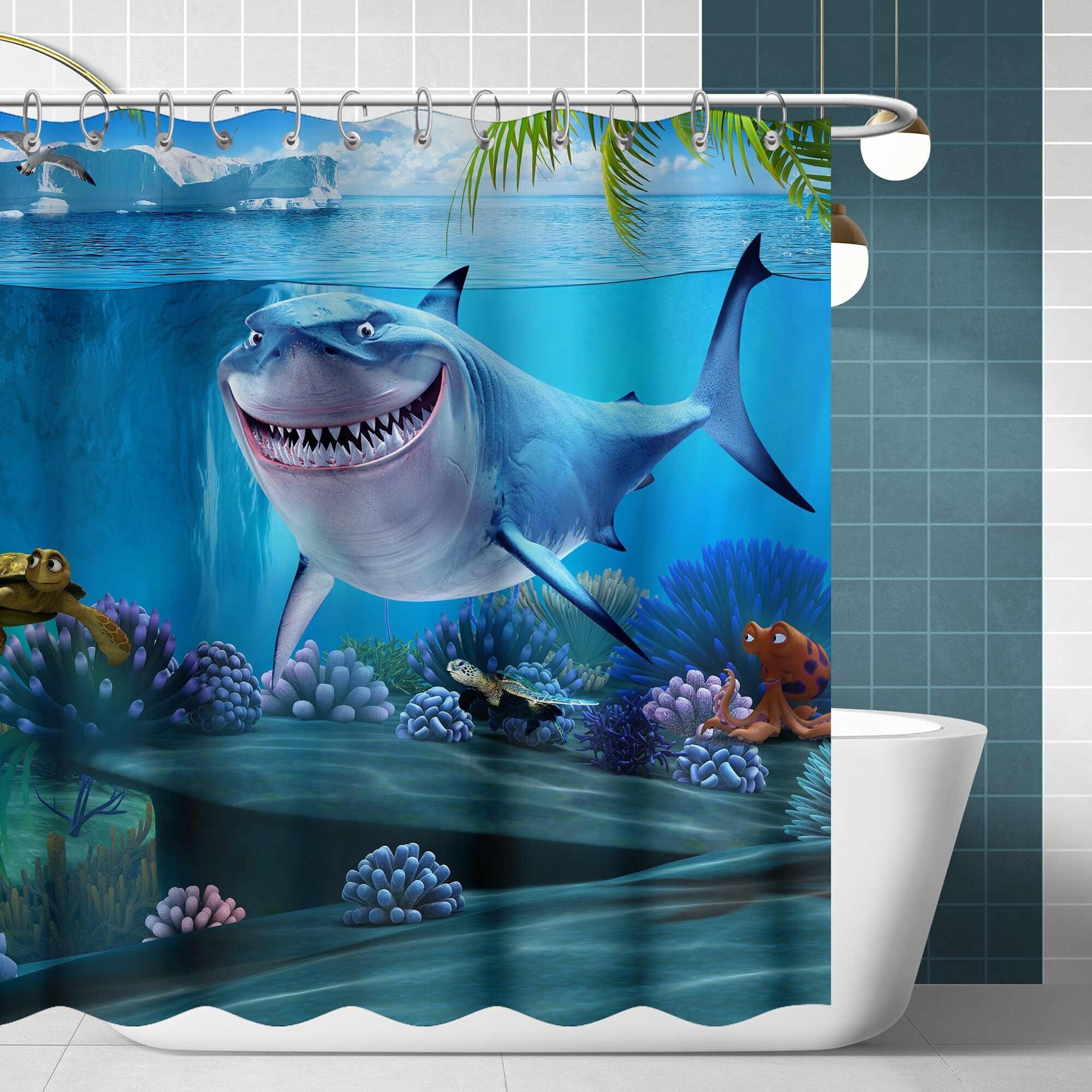 3D Shark Ocean Decor Shower Curtain, Sea Animal Megalodon Underwater World Polyester Fabric Mildew Resistant Bathroom Curtain Accessories with Hooks
