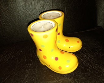 Partylite Yellow Polka Dot Rainboots Candle Holder and Candles