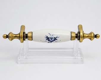 Vintage Brass and Porcelain Drawer Pulls (Sold Individually) Heavy Blue White Floral Cornflower Farmhouse Shabby Chic