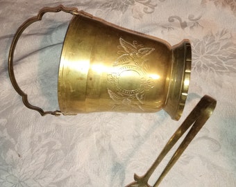 Vintage Solid Bass Etched Ice Buckets with Claw Foot Tongs