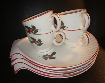 Vintage Snack Plates with Holly Berries and Leaves