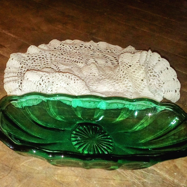 Vintage Green Oblong Candy Dish with Scalloped Edge