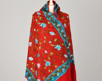 Classic Kashmiri Embroided Scarves, Red super soft wool Scarf, embroided in Turquoise, light Blue and Copper- Gold traditional Kashmiri