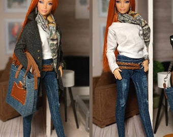 Jacket,shirt,scarf,pants,belt and bag  for regular 11 inch 30cm female  doll