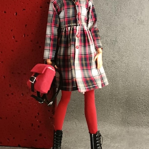 11インチ（30cm）の女児用人形用チェック柄ドレス、ソックス、バッグ