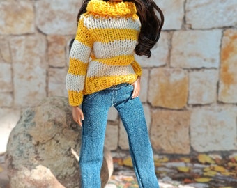 Handmade sweater and denim pants for Female 12 inch dolls